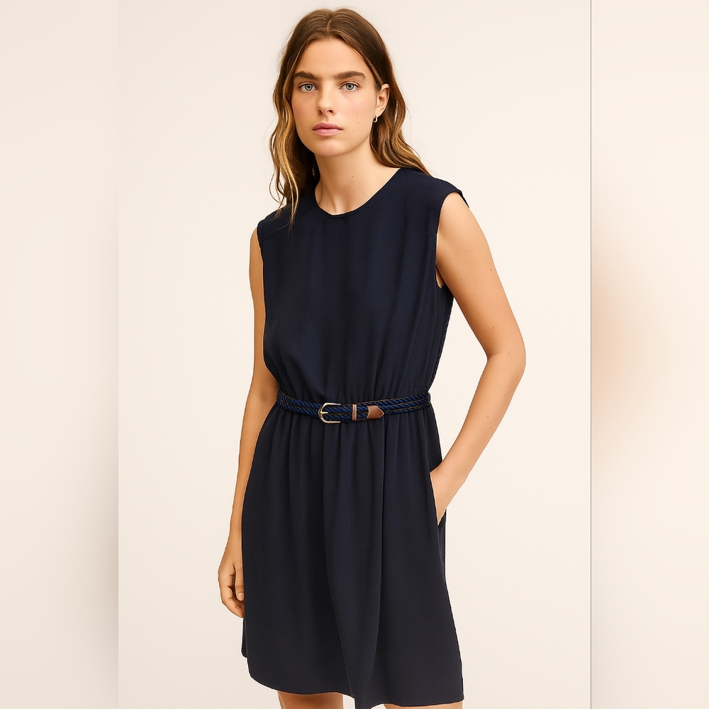 Mango (Suit) Navy Blue Sleeveless Dress Semi-sheer Shoulder with Pockets Size 8